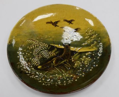 Wileman Faience charger decorated with Fox and Pheasants signed by  R Seadon , diameter 35cm  (restored crack to rim)