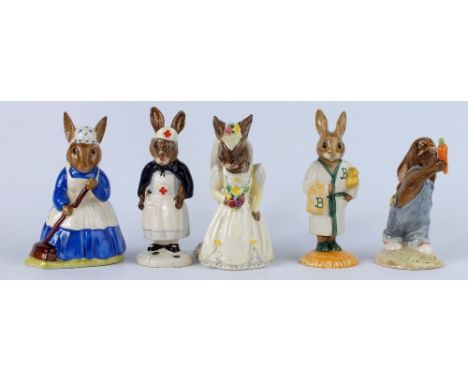 Royal Doulton Bunnykins figures Bedtime DB148, Nurse DB74, Bride DB101, Mothers Day DB155 and Clean Sweep DB6 all boxed(5) 