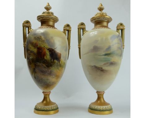 Royal Worcester pair vases & covers hand painted with Highland Cattle by John Stinton, height 37cm (one has restored body & c