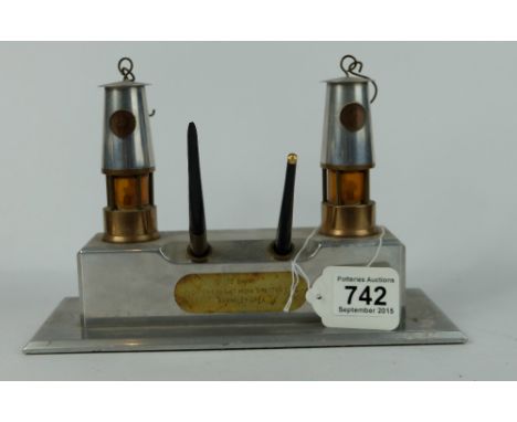 Hand Made Desk top pen holder made of milled aluminium with miniature miners lamps decoration to the top of the item. Persona