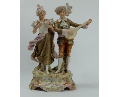 Royal Dux figure of man & woman, the man playing musical instrument and the woman singing from sheet (restoration to top edge