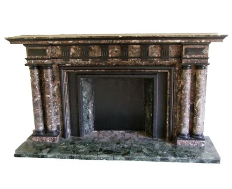 late Victorian large rouge marble fire surround with black slate panels and edging with double columns to each side, overall 