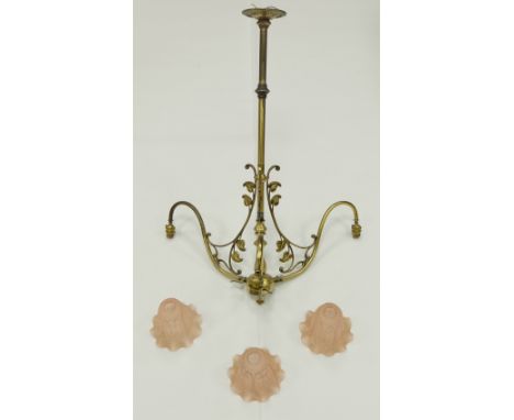 Art Nouveau brass Ceiling lamp with Edwardian pink glass embossed lamp shades 81cm deep (4)