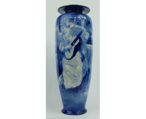 Royal Doulton large flow blue & white vase decorated with lady playing the Guitar, height 35.5cm (underglaze chip to base rim