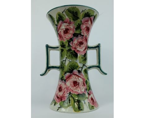 Wemyss Large Twin Handled Vase with rose design (1 handle repaired) 