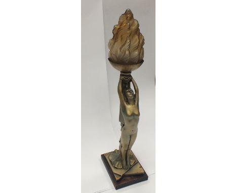 Art Deco plaster lamp of a nude woman holding up a glass shade, mounted on wood base, overall height 65cm