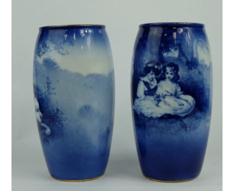 Royal Doulton pair flow blue & white vases decorated with young girls playing in the woods, height 17.5cm  (2)