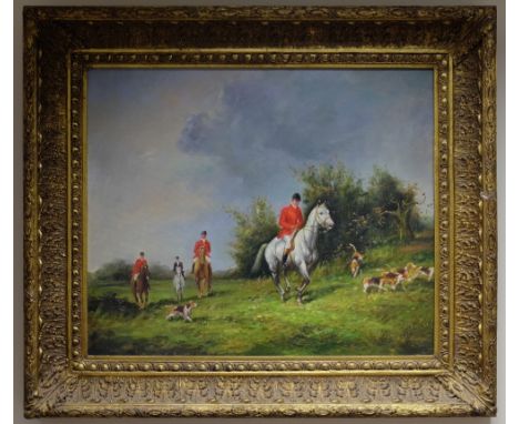 Oil painting on canvass Hunting scene in gilt frame, 80 x 70cm