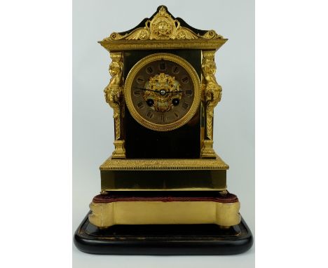 19th century French brass & gilt mantle clock on gilt wood base, on lacquered base ( missing dome) , overall height 34cm