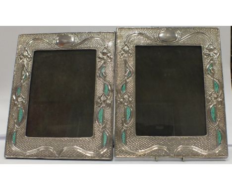 Pair Art Nouveau Silver & Enamel photo frames marked Sterling 1906, 28x 24cm  (2)
