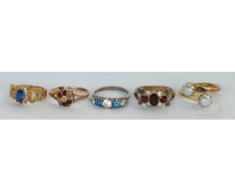 9ct gold sapphire ring, 9ct ring 6 stones (2 missing) 2 silver dress rings and sara covgi ring (5)