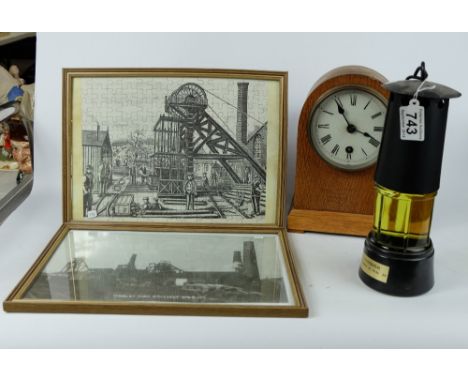 A Collection of mining related items to include Oak Mantle clock, pictures of local collieries and novelty miners lamp (4)  