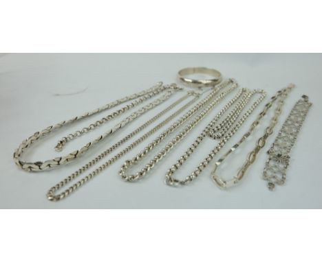 A collection of silver chains, necklaces, bracelets and bangle ( total weight 230 grams)