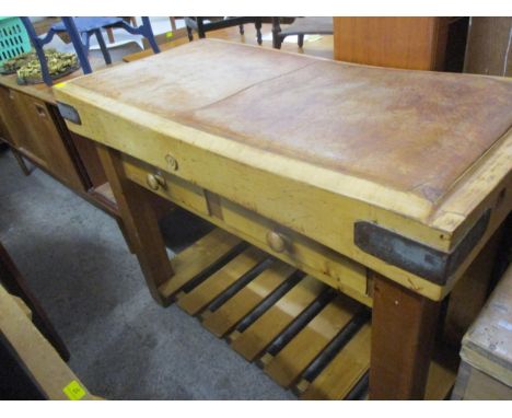 A butcher's block on a later pine base with twin drawers and a shelf 90cm h x 123cm w 