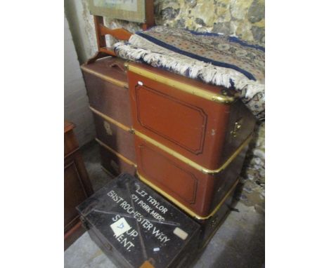 A mixed lot to include a military chest containing mixed books, two trunks, a fire screen and a blue ground rug 