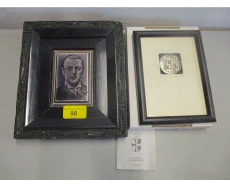 A framed Craven Dunnill & Co Jackfield portrait tile of Joseph Chamberlain, along with a framed and glazed limited edition me