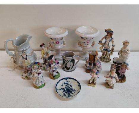 A collection of 19th century and later porcelain to include a pair of hand painted Campagna urns, a Caughley blue and white d