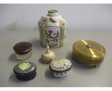 Two 18th Century trinket boxes A/F to include an enamelled example together with a German painted china tea caddy ( lid defic