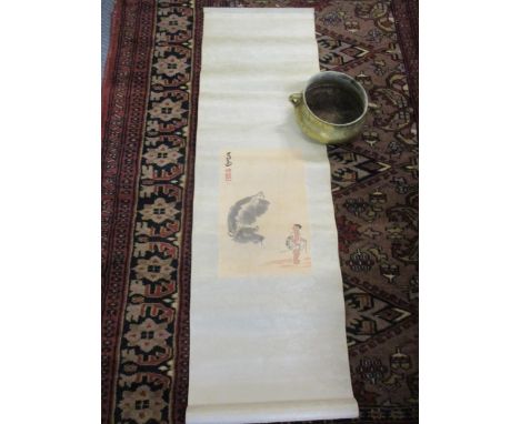 A Chinese scroll of a boy leading his Asiatic Buffalo in a watercolour, together with a Chinese brass twin handled pot 