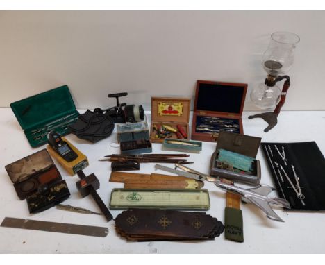 Vintage collectables to include fishing equipment, compass sets, wooden rulers, coffee maker, Royal Navy cloth armband, tools