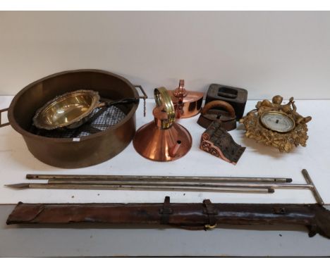 Metalware to include two copper teapots, a copper clad wall bracket, a spelter barometer and other items Location: LWB 