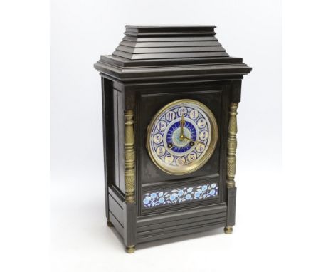 A late 19th century Aesthetic period porcelain mounted slate mantel clock, 42cm high