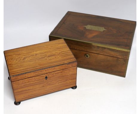 A Victorian brass bound rosewood writing box, 30.5 x 22 x 13cm, a George IV satinwood tea caddy and three Japonaise lacquered