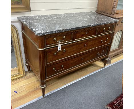 A Louis XVI brass mounted mahogany marble top commode, width 128cm, depth 59cm, height 89cmThere are chips to marble edges th