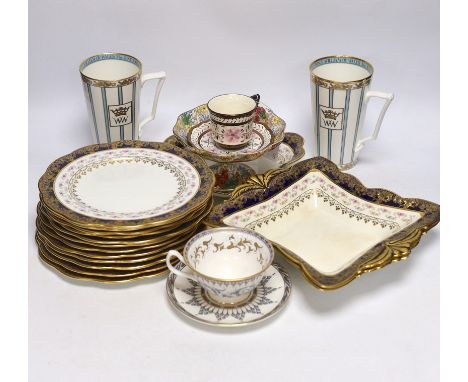An Aynsleys part dessert service and other tea wares including a pair of commemorative mugs