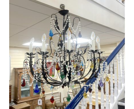 A ten branch Murano multi-coloured chandelier, 76cm high One pendant section missing at lowest level; black finish to frame w