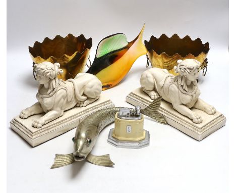 Sundry items including a Czechoslovakian glass fish, a pair of resin Sphinx models and a Chinese white metal articulated fish
