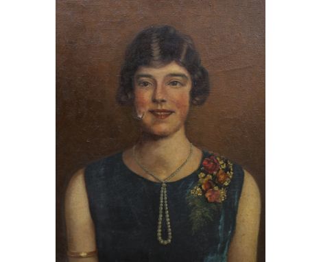 Owen Forrest (20th. C), oil on canvas, Portrait of an Art Deco woman, signed and indistinctly dated, unframed, 61 x 51cm