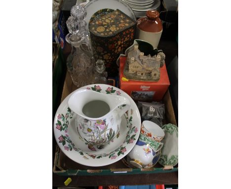 A TRAY OF ASSORTED CERAMICS AND GLASSWARE TO INCLUDE CUT GLASS DECANTERS, PORTMEIRION JUG AND BOWL, CARLTONWARE ETC
