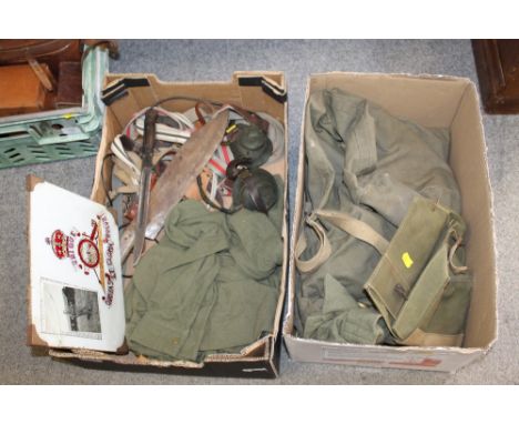 TWO BOXES OF VINTAGE ARMY MEMORABILIA / COLLECTABLES TO INCLUDE A BAYONET ETC