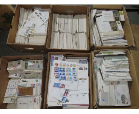 FIRST DAY COVERS, many 1000's in six large boxes, pre-decimal to 2000, a wide range of cancels, some better seen