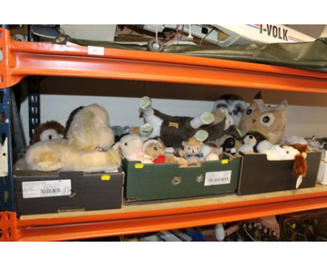 THREE TRAYS OF ASSORTED VINTAGE AND MODERN SOFT TOYS TO INCLUDE A MERRYTHOUGHT GOAT, DOG, TWO OWLS ETC