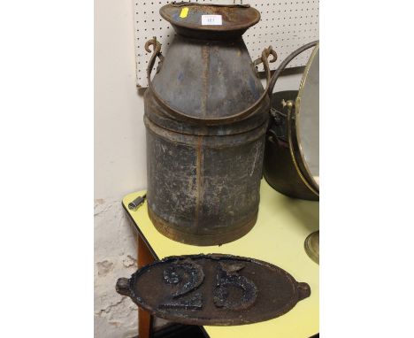 A VINTAGE CAST METAL CHURN / PAIL  WITH CARRY HANDLE TOGETHER WITH A CAST IRON PLAQUE - NO 25