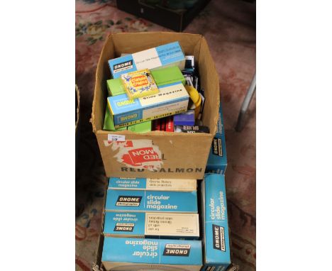 TWO BOXES OF ASSORTED CAMERA EQUIPMENT TO INCLUDE PHOTOGRAPHIC SLIDE CAROUSELS PLUS A VINTAGE SET OF AIRCRAFT HEAD RECEIVERS