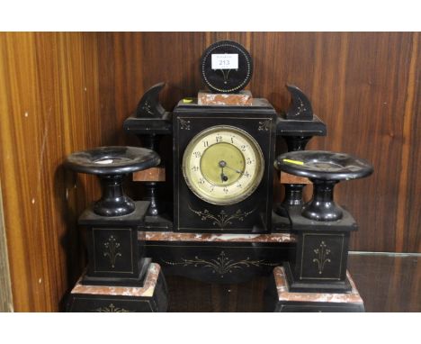 A VINTAGE BLACK SLATE AND MARBLE CLOCK GARNITURE