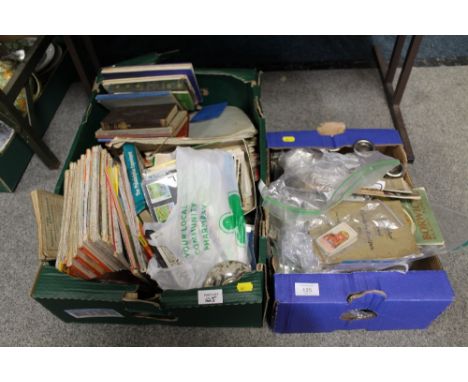 TWO TRAYS OF ASSORTED EPHEMERA TO INCLUDE TEACARDS, FIRST DAY COVERS, VINTAGE BOOKS, MAPS, TOGETHER WITH A SMALL SELECTION OF