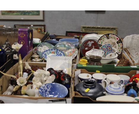 FOUR TRAYS OF ASSORTED CERAMICS AND COLLECTABLES TO INCLUDE ORIENTAL ITEMS, CARVED WOODEN LIDDED BOXES, VASES, CABINET PLATES