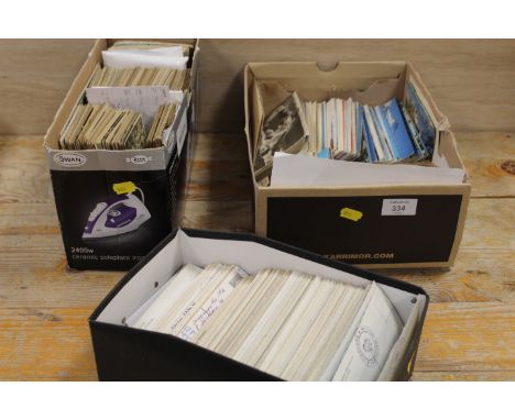 A SELECTION OF VINTAGE POSTCARDS ETC CONTAINED IN THREE BOXES