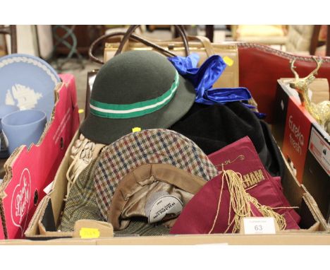 TWO VINTAGE CHRISTYS OF LONDON TWEED FLAT CAPS, TOGETHER WITH A SELECTION OF VINTAGE ACCESSORIES TO INCLUDE HATS AND BAGS ETC
