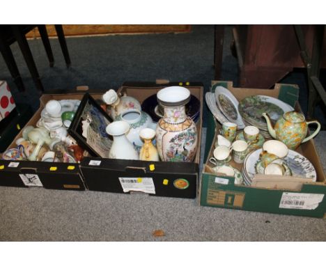 THREE TRAYS OF ASSORTED CERAMICS ETC TO INCLUDE EMPIRE ART DECO TEAWARE, ROYAL DOULTON COUNTESS CHINA, WADE PLATES ETC