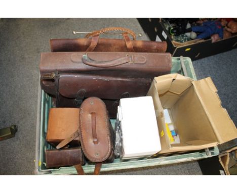 A VINTAGE SATCHEL PLUS TWO BRIEFCASES AND A SELECTION OF EMPTY LEATHER EQUIPMENT CASES
