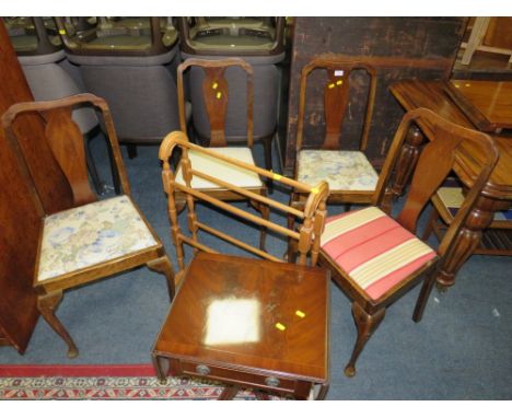 A SET OF FOUR VINTAGE DINING CHAIRS, TOWEL RAIL AND A TABLE&nbsp;