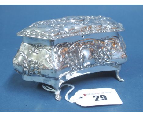 A Decorative Hallmarked Silver Trinket Box, J&C, Birmingham 1906, of shaped design, allover detailed in relief, plush lined (