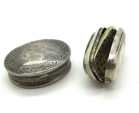 A Hallmarked Silver Vinaigrette, W&K, Birmingham 1811, of plain oval form with pierced grille, 3.3cm long; Together with A Sm