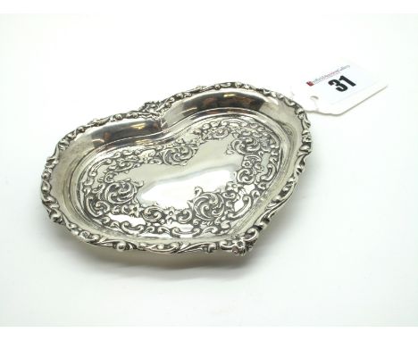 A Hallmarked Silver Heart Shape Trinket Dish, Henry Matthews, detailed in relief with leaf scrolls, 11.5cm wide.
