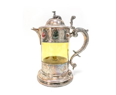 An Impressive Hallmarked Silver Mounted Amber Glass Claret Jug, Edward & John Barnard, London 1863, the decorative geometric 